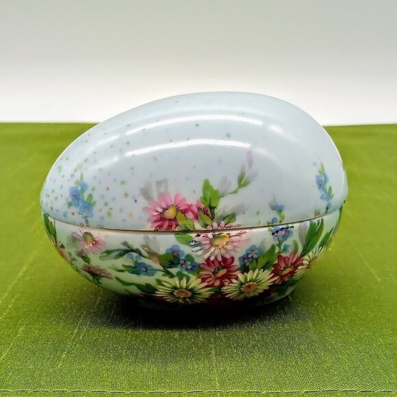 Limoges France Porcelaine Artistique F.M Blue Floral Egg - Picture 1 of 7